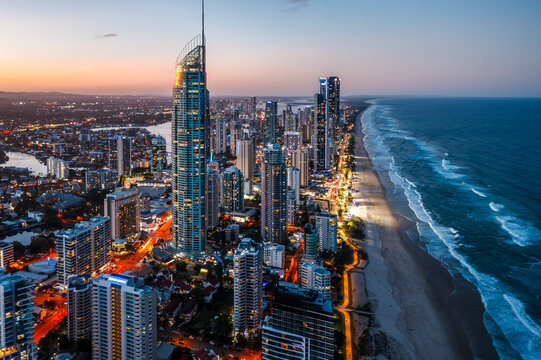 City skyline at dusk, Surfers Paradise, Gold Coast, Australia