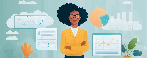 Obraz premium An LGBTQ finance professional managing cloudbased financial software, Professional, Soft tones, Illustration, Digital finance