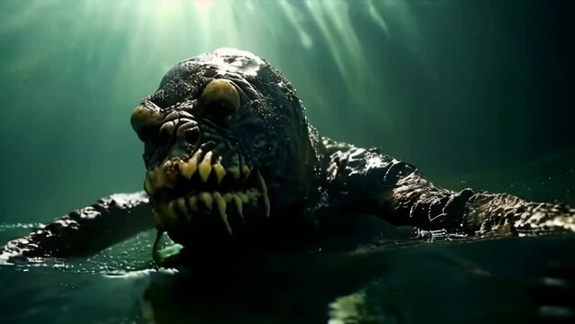 Scary Aquatic Creature: Mysterious Underwater Monster with Creepy Teeth in Deep Dark Water, A Strange Fantasy Horror Beast
