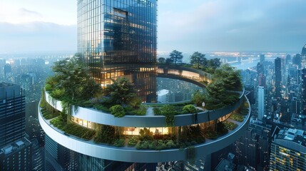 Elevated circular park on a skyscraper, eco-friendly urban oasis, sleek futuristic design,...