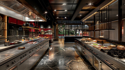 A large kitchen with a lot of counter space and a lot of appliances