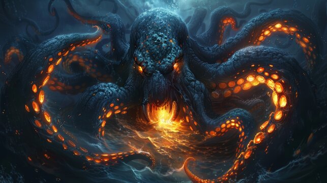 Detailed scientific illustration of a deep-sea monster emerging from the abyss, bioluminescent tentacles, menacing eyes, dark ocean background