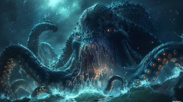 Detailed scientific illustration of a deep-sea monster emerging from the abyss, bioluminescent tentacles, menacing eyes, dark ocean background