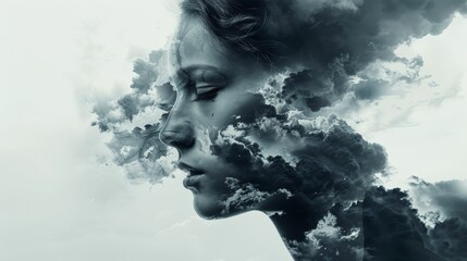A double exposure of a portrait with a stormy backdrop, conveying the subject's inner turmoil.