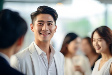 Asian businessman engages in conversation with others businessperson, sharing exchanging smiles, contributing to meaningful dialogue within business context in seminar event.