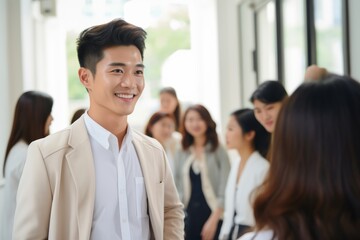 Asian businessman engages in conversation with others businessperson, sharing exchanging smiles, contributing to meaningful dialogue within business context in seminar event.