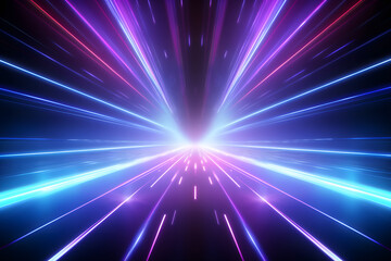 Vibrant neon laser beams radiating from the center of an empty dark space, creating dynamic and energetic lines that create visual depth and movement. The background is dark with minimal details