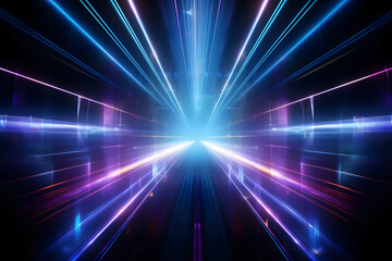 Obraz premium Vibrant neon laser beams radiating from the center of an empty dark space, creating dynamic and energetic lines that create visual depth and movement. The background is dark with minimal details