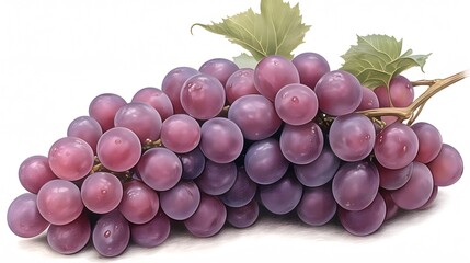 Fototapeta premium A close-up of a ripe, vibrant bunch of purple grapes with lush green leaves on a white background.