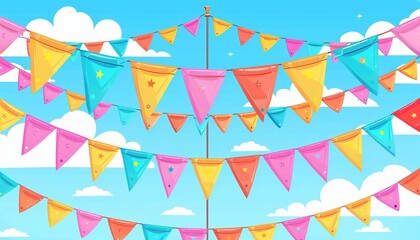 Obraz premium Colorful triangular party flags banner hanging against a bright blue sky with fluffy white clouds. Ideal for celebrations and festive occasions.