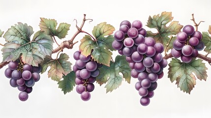 Illustration of Purple Grapes Hanging on a Vine with Leaves