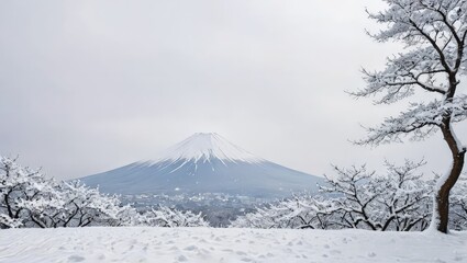 Snow-Covered Mount Fuji with Trees in Winter