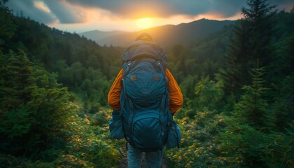 Backpacker trekking through lush green forest