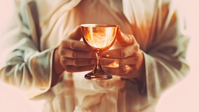 Hands holding the sacred chalice on minimal white watercolor background.
