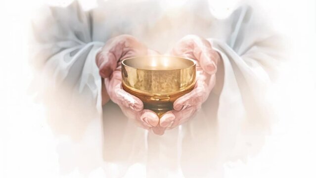 Hands holding the sacred chalice on minimal white watercolor background.