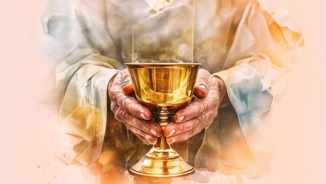 Hands holding the sacred chalice on minimal white watercolor background.