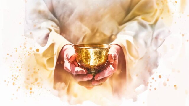 Hands holding the sacred chalice on minimal white watercolor background.