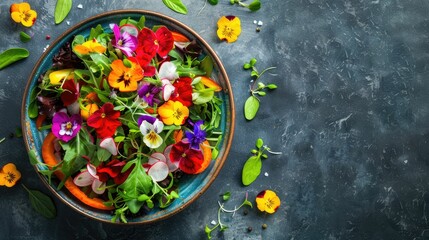 A plantbased recipe using natural foods like vegetables and edible flowers, beautifully presented...
