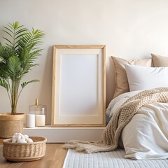 Mock up frame in cozy home interior background, coastal style bedroom, cozy room