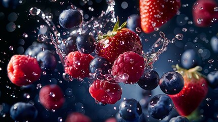A medley of berries, including blueberries, raspberries, and strawberries, swirling and twirling in a mesmerizing slow-motion dance.