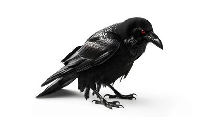 Fototapeta premium Black crow in a regal pose, red eyes shining, against a simple white background