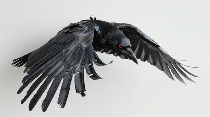 Fototapeta premium Black crow mid-flight, red eyes glowing intensely, captured against a pristine white background
