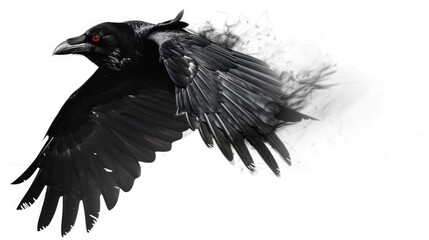 Obraz premium Black crow mid-flight, red eyes glowing intensely, captured against a pristine white background
