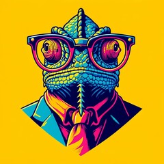 A fierce chameleon depicted as a hipster in a minimalist, vibrant, surreal, pop art style. The image is dichromatic, using two contrasting colors.