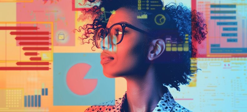 Close-up of a young woman wearing glasses looking thoughtfully at a colorful background with data and charts.
