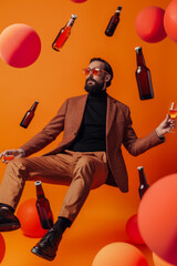 A man in a suit is holding a beer bottle and a glass while sitting on a red ball