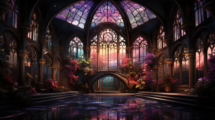 a fantasy gothic room with pink flowers and flowers surrounding in i