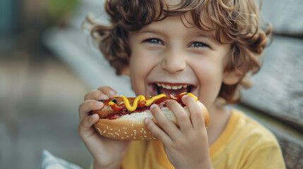 A light snack at lunch. A cute little cheerful boy is eating a delicious fragrant hot dog with mustard and ketchup. He smiles and enjoys his meal. Junk food