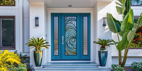 Sleek teal front entrance door featuring artistic glass design and clear sidelites, set against a sleek white plaster exterior under bright sunlight