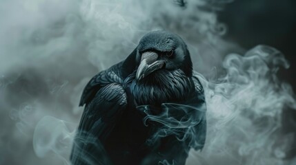 Naklejka premium Fearsome black crow with sharp eyes, enveloped in dark, swirling smoke from a magical incantation.