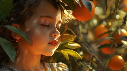 A young girl intimately engaging with the scent of a fresh citrus fruit in a sunlit grove. A young girl inhales the fresh scent of an orange amidst the warm glow of a citrus grove at sunset. AIG50