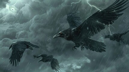 Obraz premium Fearsome black crows with sharp beaks and glowing eyes, flying in formation through a stormy and menacing sky.