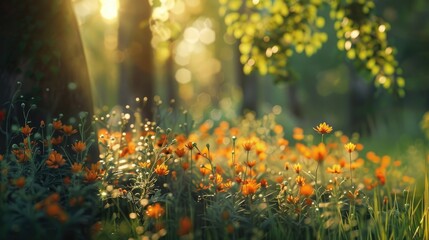 Natural dorest of woods with sunbeams through fog and leaves branch create mystic atmosphere. sunny morning in green forest