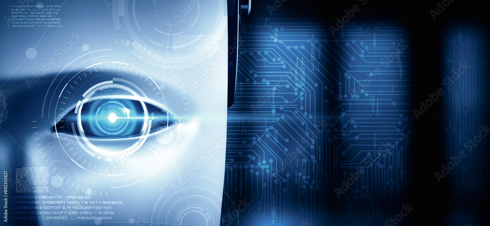 Poster mlp 3d illustration robot humanoid face close up with graphic concept of big data analytic by ai thi