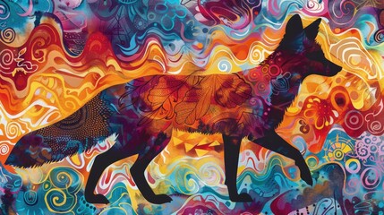 Silhouette of a fox integrated with swirling, surreal patterns and bright, bold colors, forming a captivating abstract artwork
