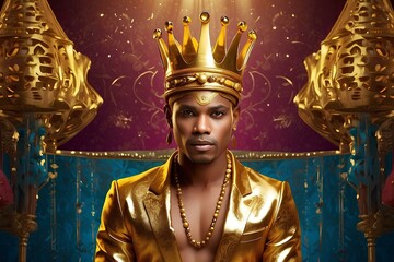A portrait of man wearing a gold crown and golden clothes 