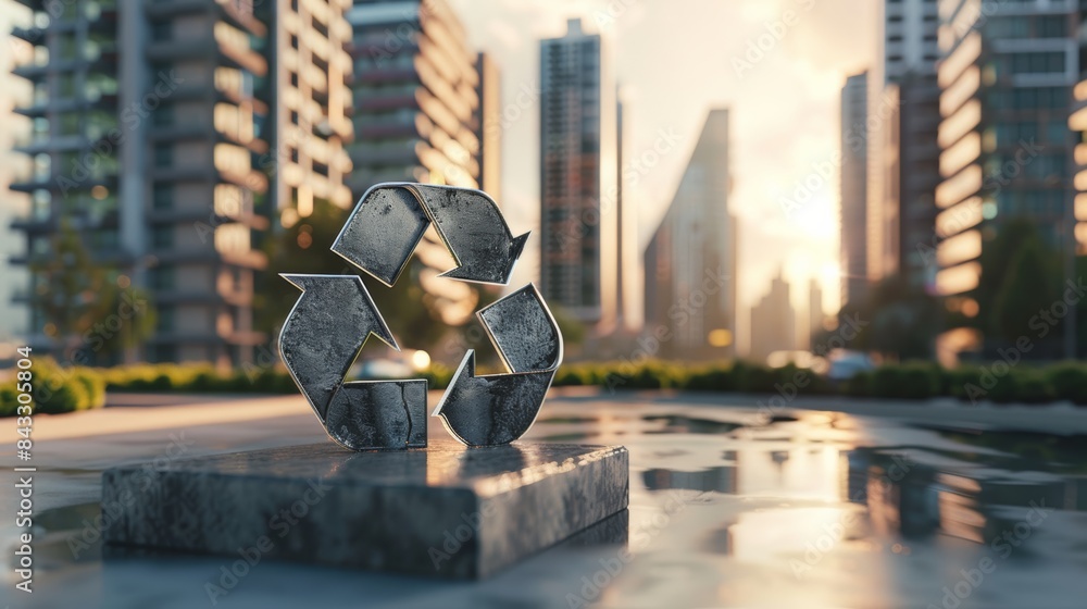 Poster a photorealistic image of a recycling symbol integrated into a modern urban landscape, demonstrating