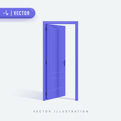 3D Purple Open Door Realistic Design in White Isolated Background. Open Door Vector Illustration