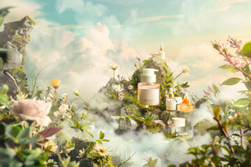 A floral arrangement with a bottle of perfume on top