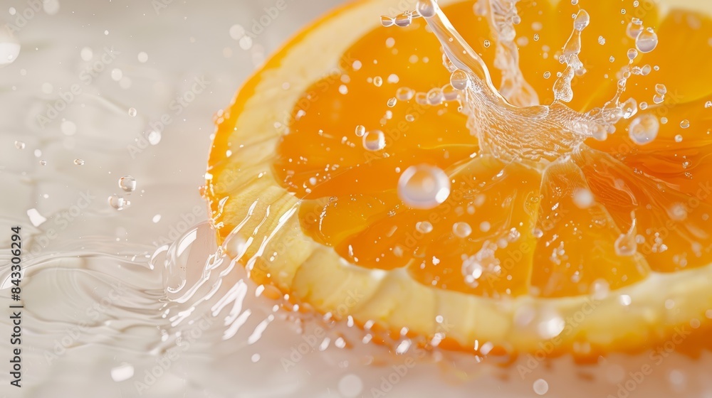 Poster A photorealistic image of an orange slice releasing a stream of juice that forms a perfect arc, captured on a clean white background.