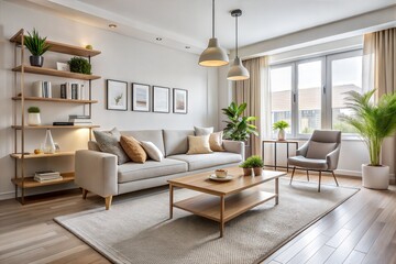 A clean and uncluttered living space with sleek furniture, neutral tones, and subtle accents, showcasing simplicity and sophistication