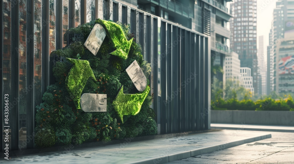 Poster a photorealistic image of the recycling symbol integrated into a modern urban landscape, demonstrati
