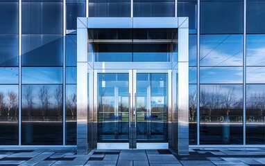 Stylish silver front entrance door with mirrored surface and clear sidelites, complemented by a polished black tile exterior on a bright sunny day