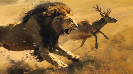 Fototapeta premium A powerful lion sprinting across the savannah, in pursuit of a swift deer, showcasing the raw intensity of the chase.