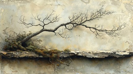 Elegant Bonsai Tree on Rock with Moss - Minimalist Nature Art - Zen Garden Decoration - Tranquil Indoor Plant - Natural Home Decor