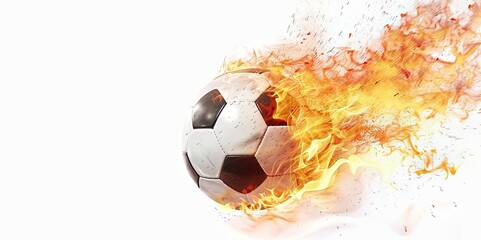 Fototapeta premium Fiery Soccer Ball Frozen in Mid-Air: A High-Resolution, White Background
